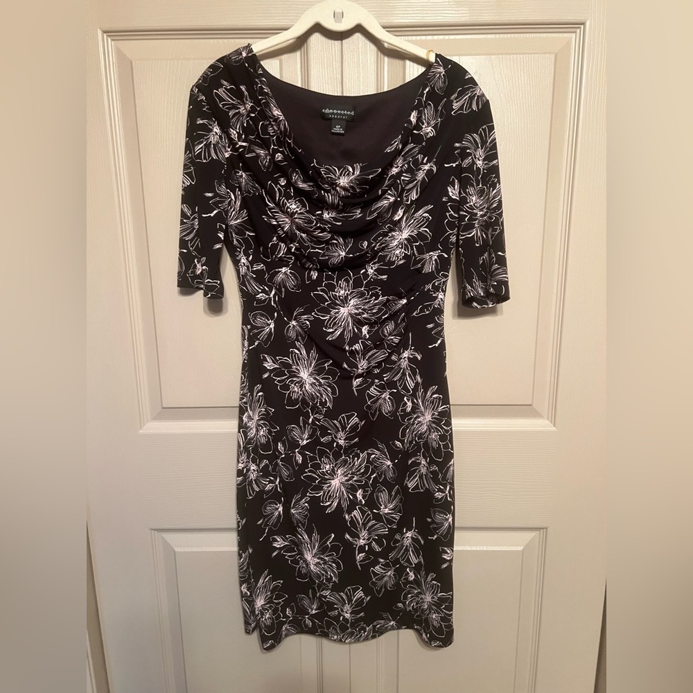 Connected Apparel Black and Pink Floral Midi Dress